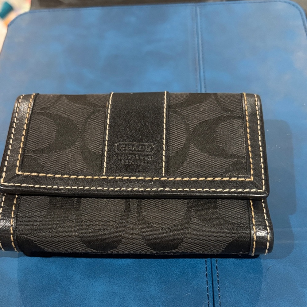 Coach Black Signature Canvas and Leather Flap Compact Wallet